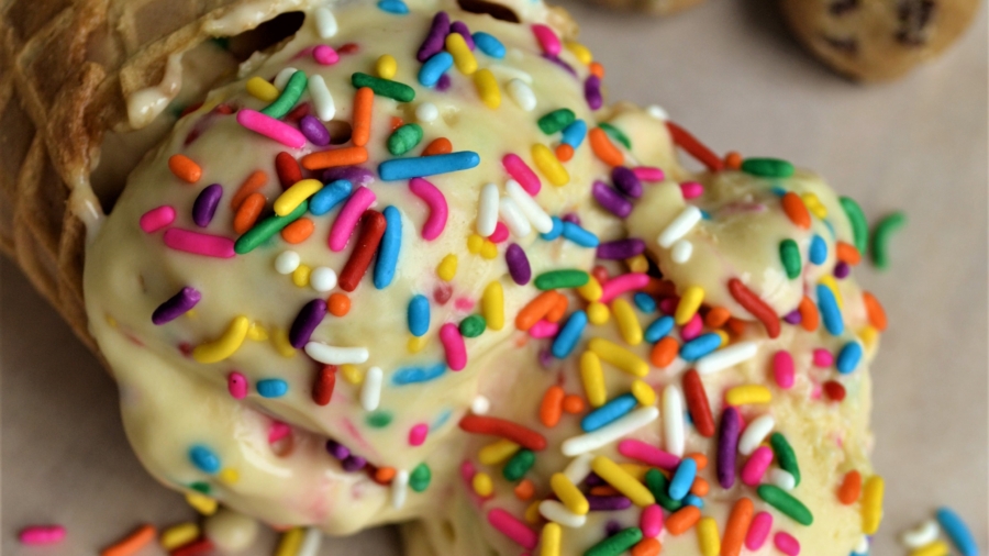 Cake batter ice cream with gobs of cookie dough & sprinkles